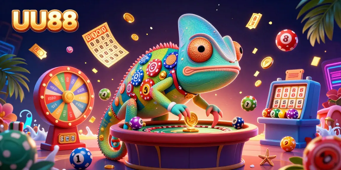 UU88 engaging players with vibrant casino elements and a colorful chameleon mascot.