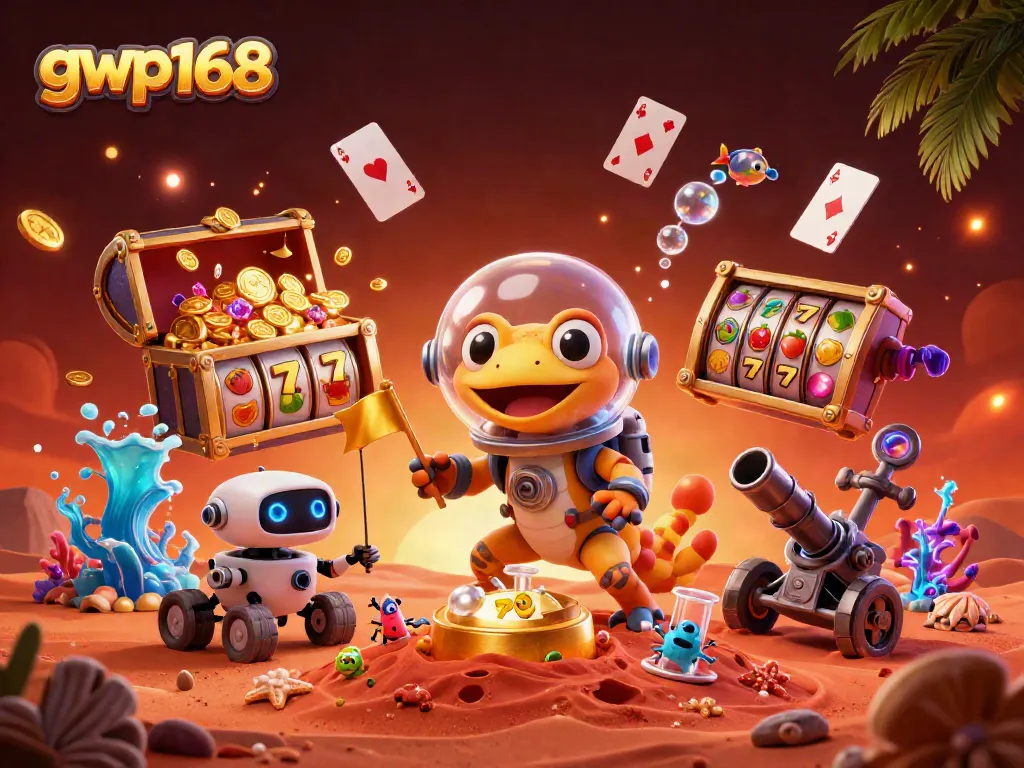 Memenangkan jackpot di kasino gwp168 yang dipenuhi dengan simbol slot dan koin emas berkilauan.