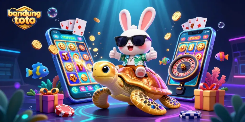 Experience exhilarating gameplay with bandung toto as the charming rabbit rides a golden turtle amidst vibrant casino elements.