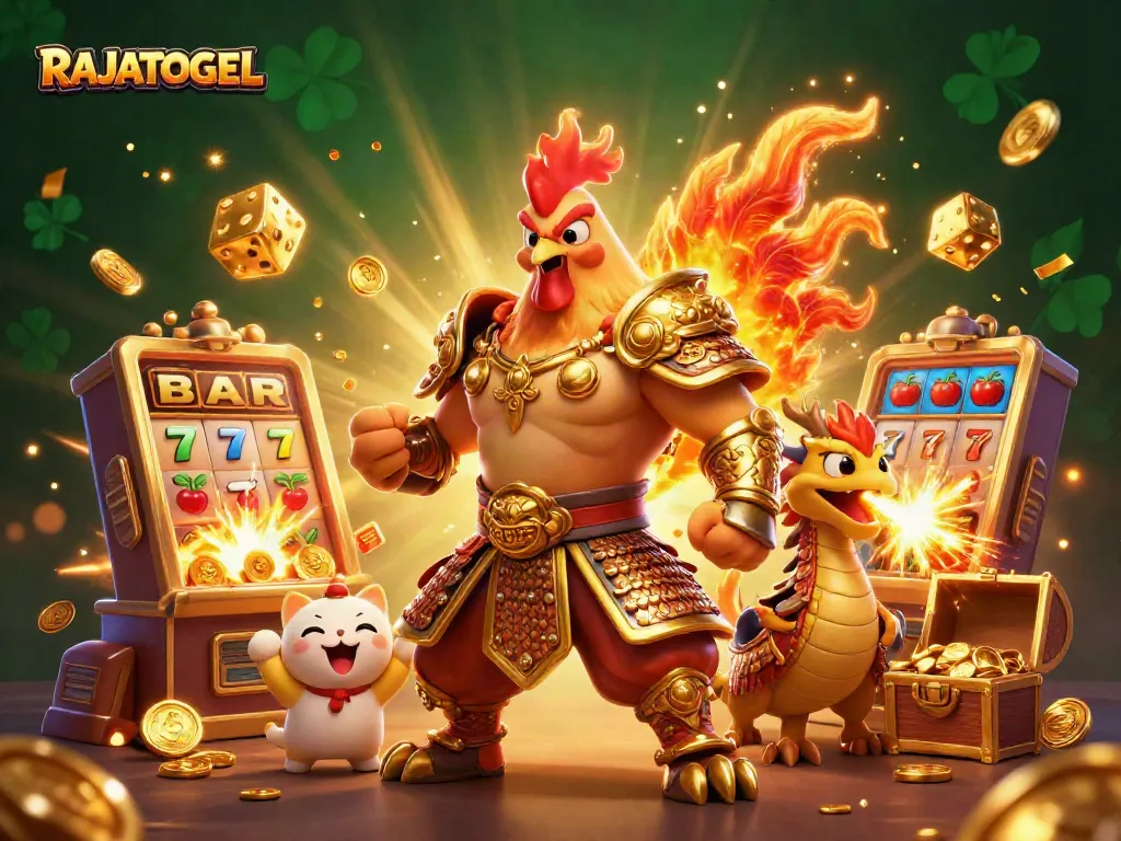 Menang besar dengan RAJATOGEL, segerombolan karakter kasino merayakan jackpot.