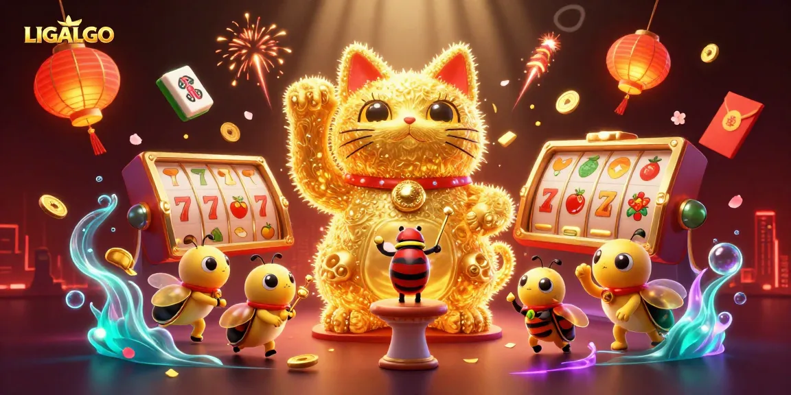 LIGALGO showcases a vibrant lucky cat symbolizing prosperity in a dynamic casino scene.