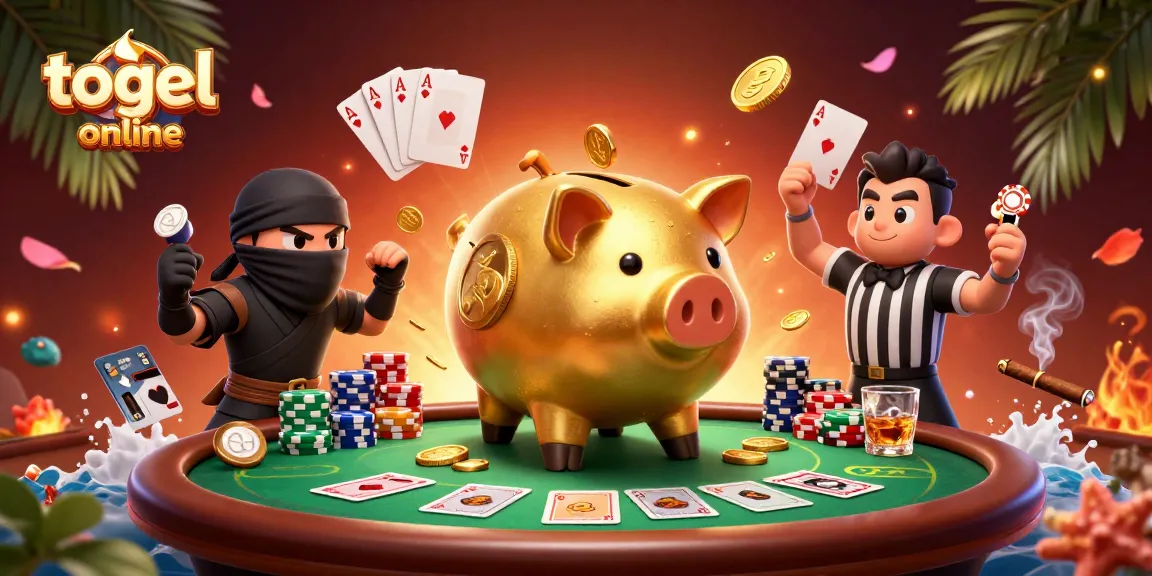 Mengalahkan togel online dalam gambar ilustrasi digital, dengan celengan emas, ninja dompet, dan wasit samurai.