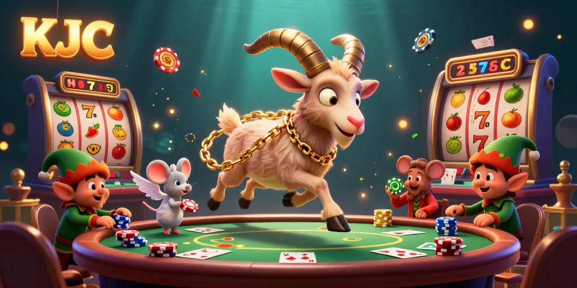 KJC casino illustration featuring a Krampus goat amid a festive scene with gremlins stealing chips and dynamic slot elements.