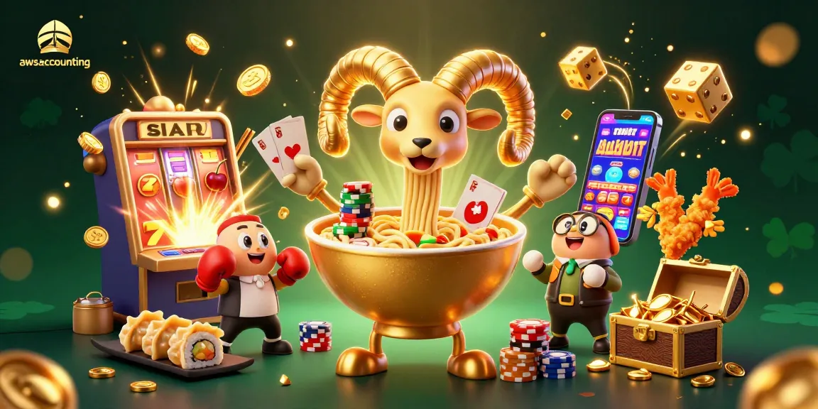 awsaccounting showcases a vibrant casino scene with a golden ramen bowl dealer and dynamic game elements.