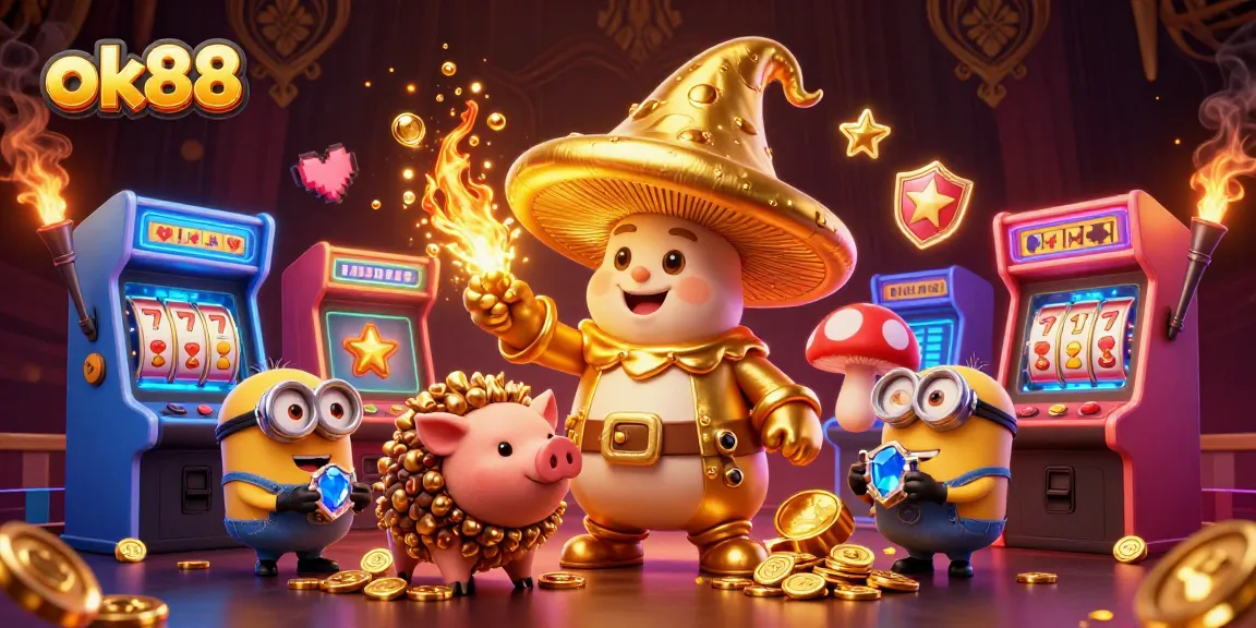 Win big with ok88 in this vibrant casino-themed 3D illustration showcasing magical treasures and game highlights.