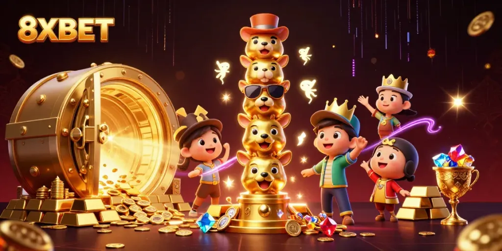 Experience the thrill of 8XBET with a vibrant 3D casino scene filled with gold and animated characters.