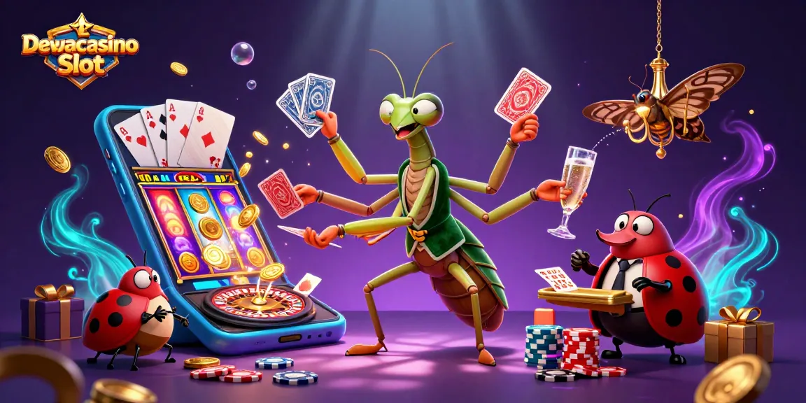 Experience excitement with Dewacasino Slot as a giant praying mantis deals cards amidst casino magic.