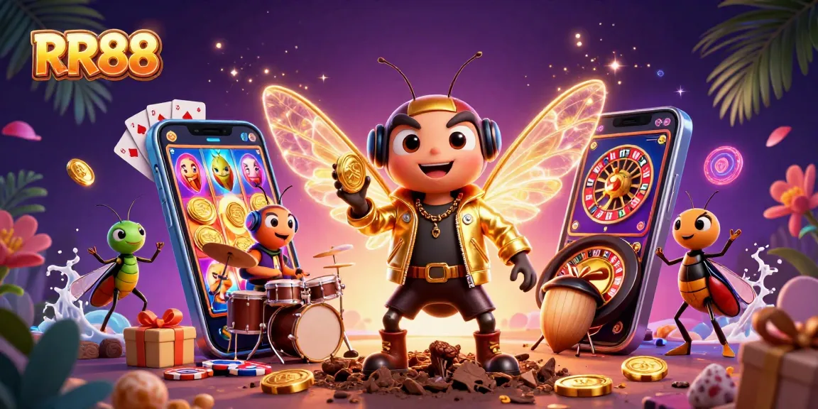 Engage with RR88's dynamic casino world featuring a vibrant cicada rock star and exciting gaming elements.