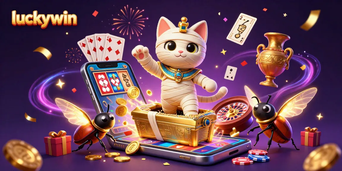 Engage with luckywin in an exciting casino scene featuring a thrilling mummy character and vibrant gaming elements.