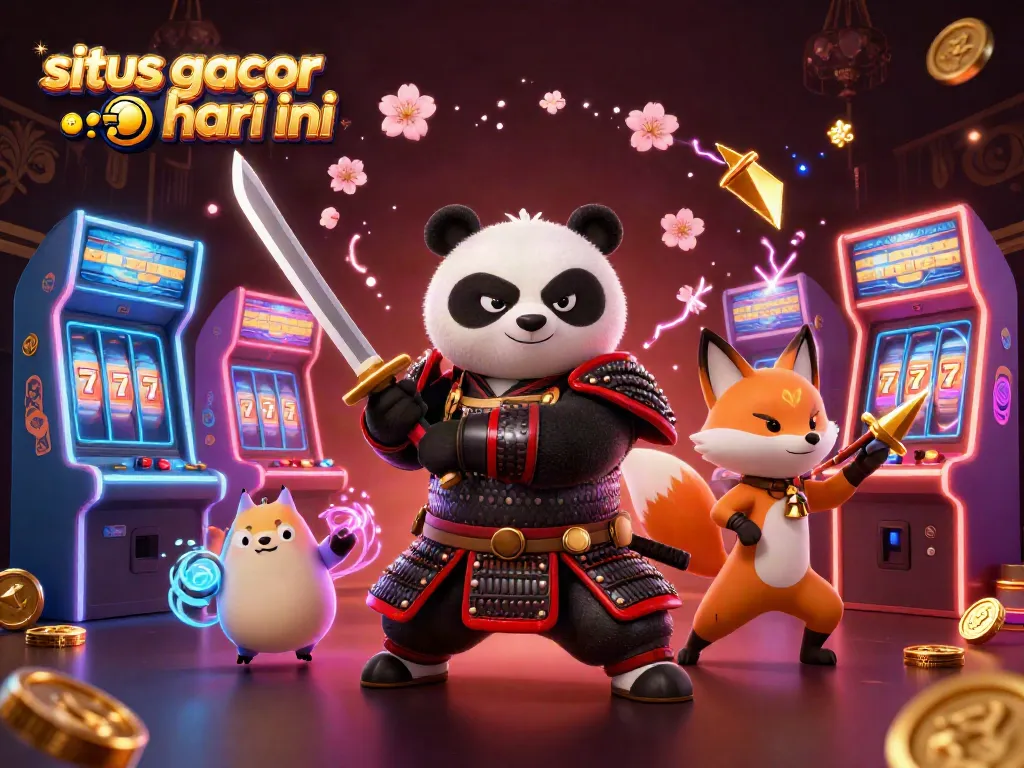 Permainan slot gacor hari ini dengan panda samurai dan rubah ninja melempar shuriken di latar belakang kasino.