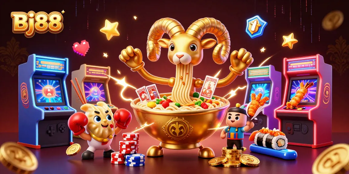 Bj88 features dynamic characters like a golden ramen bowl and sushi dealer in a vibrant casino scene.