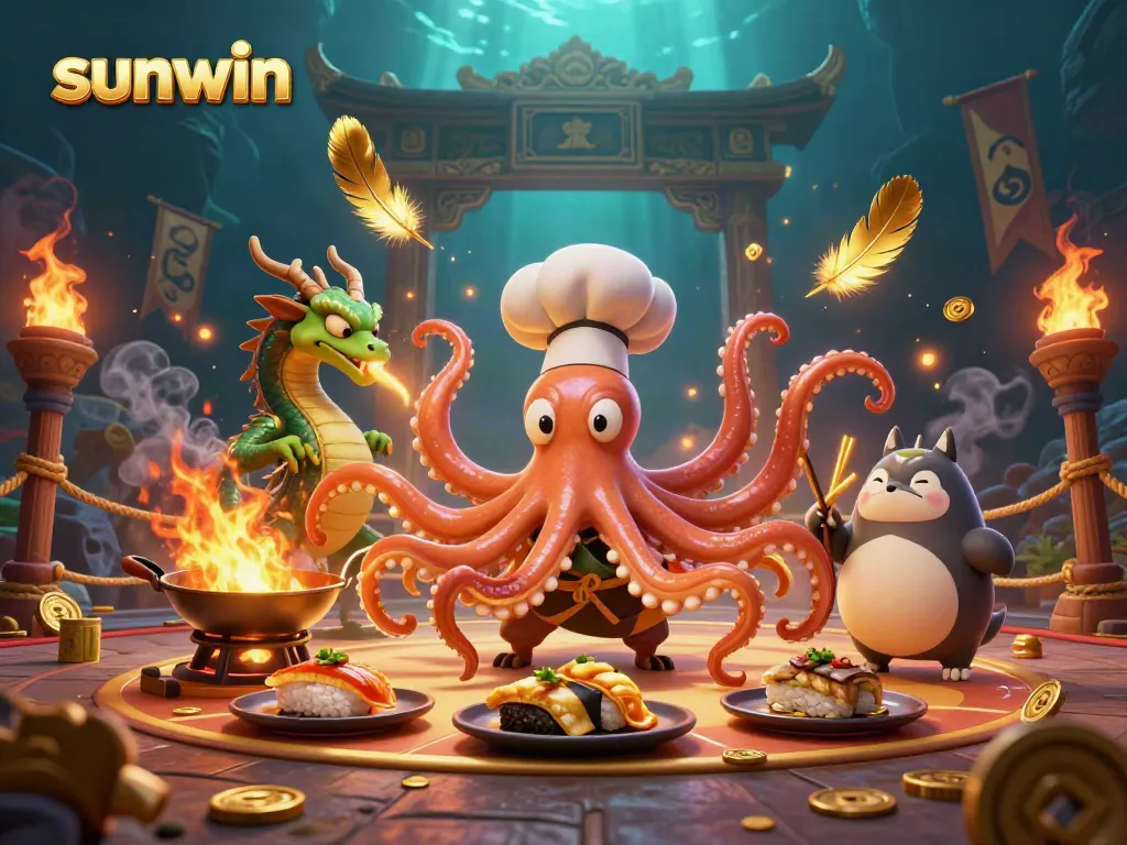 Experience the thrilling gaming atmosphere with sunwin's vibrant, 3D illustration of a sushi chef octopus, dragon, and tanuki.