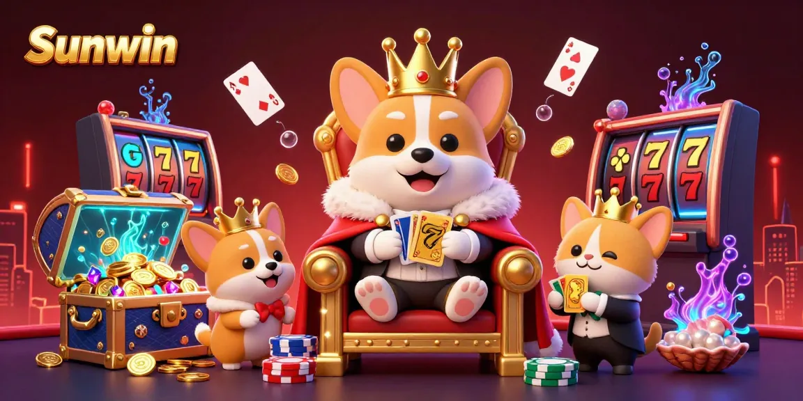 Engage in thrilling gaming at Sunwin with vibrant slot reels surrounded by playful corgi characters.