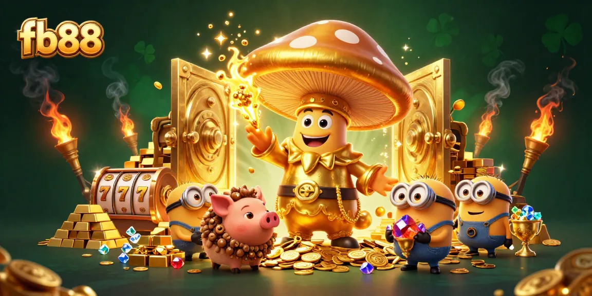 Experience the excitement of fb88 with a gold-filled casino scene featuring magical characters and jewels.