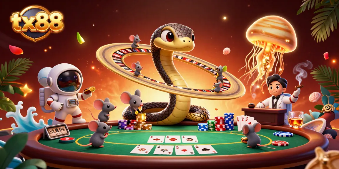 Engage in thrilling bets at tx88 with cartoon snakes and astronaut mice in a vibrant casino scene.