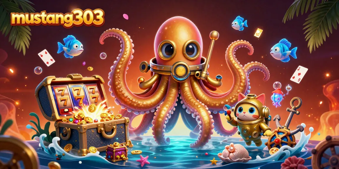 Engage with mustang303's thrilling casino adventure through a dynamic 3D scene featuring a kraken, diver, and vibrant slot elements.