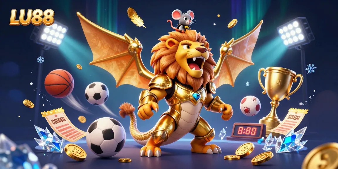 Experience thrilling gameplay at LU88 with a golden armored chimera and dynamic sports elements.