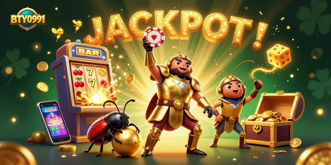 Experience excitement with BTY0991 as victorious characters celebrate a jackpot amidst vibrant casino elements.