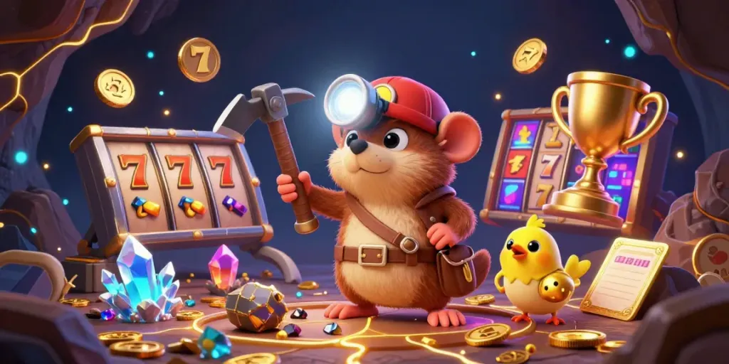 Memainkan slot dengan karakter kartun mole berharga dan teman burung canary dalam ilustrasi 3D menarik.