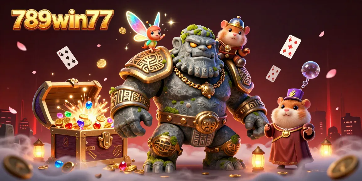 Engage with 789win77's immersive gaming scene featuring a magical golem guardian and vibrant treasures.