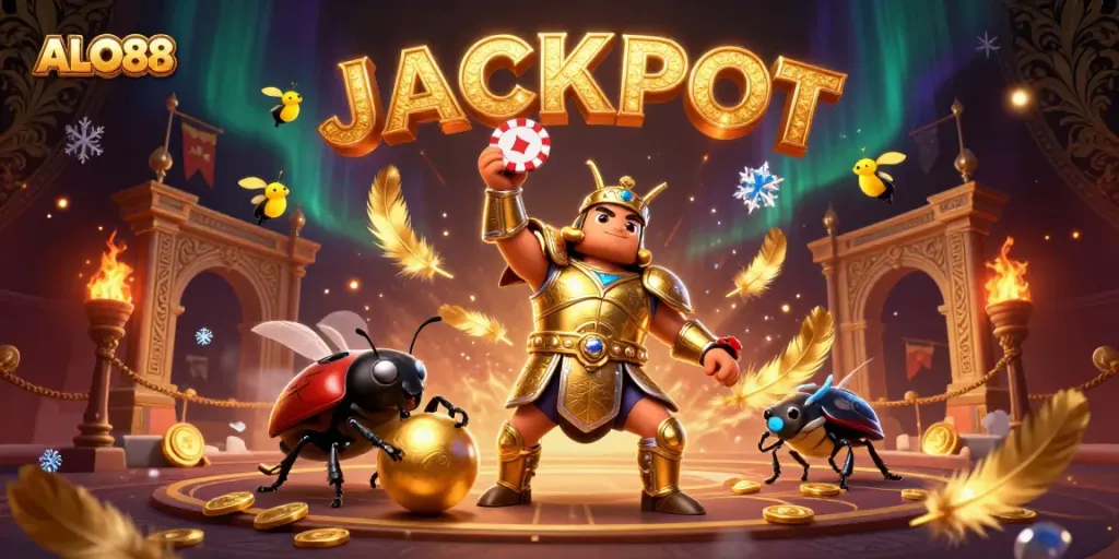 Experience thrilling action at ALO88 with a heroic beetle celebrating a jackpot victory amidst vibrant casino symbols.