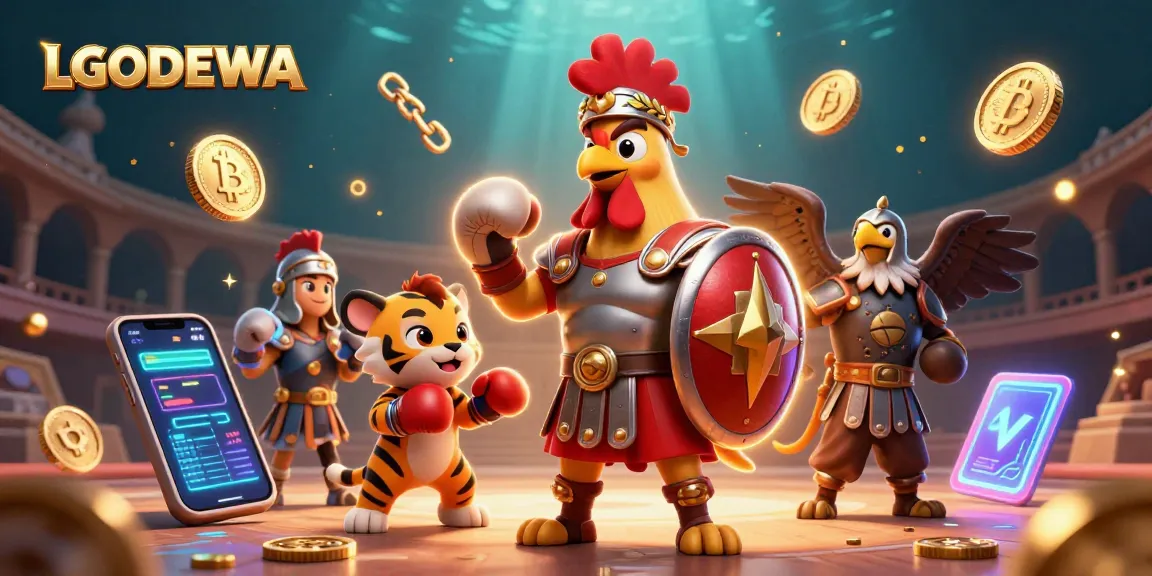Engage in excitement with LGODEWA's detailed gambling scene featuring charismatic characters and vibrant crypto elements.