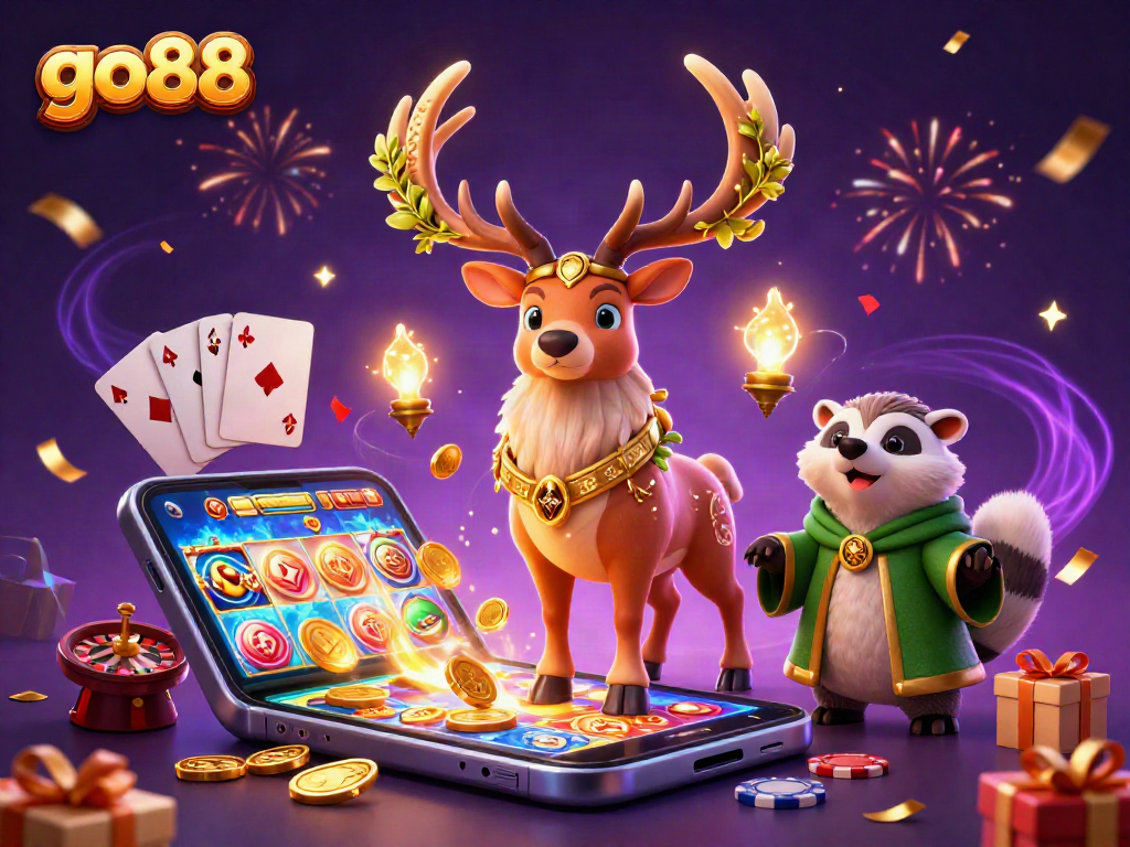 Experience thrilling gameplay with go88's colorful slots, golden coins, and festive spirit lights.