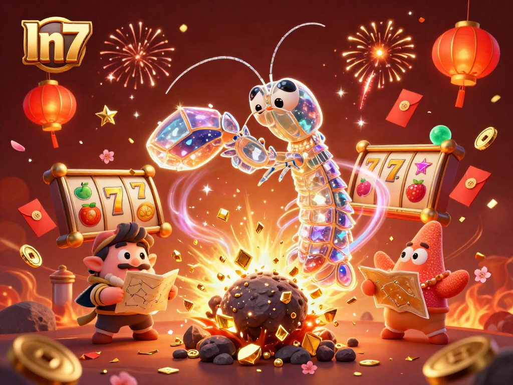 Experience the excitement of In7 with the galactic samurai mantis shrimp amidst vivid casino elements and celebratory imagery.