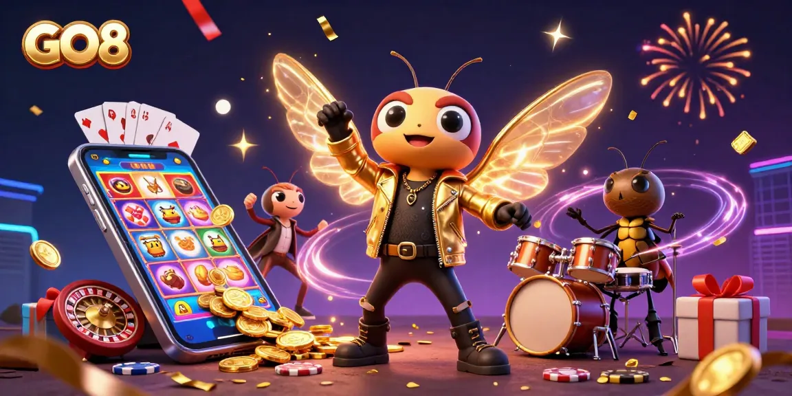 Experience GO8's dynamic casino atmosphere with a lively rock star and excited crickets in a vibrant slot game scene.