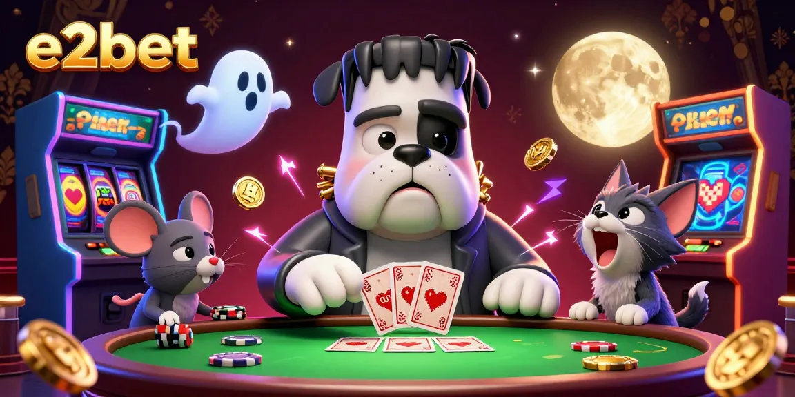 Exciting e2bet casino illustration with cartoon characters surrounded by vibrant gaming elements.