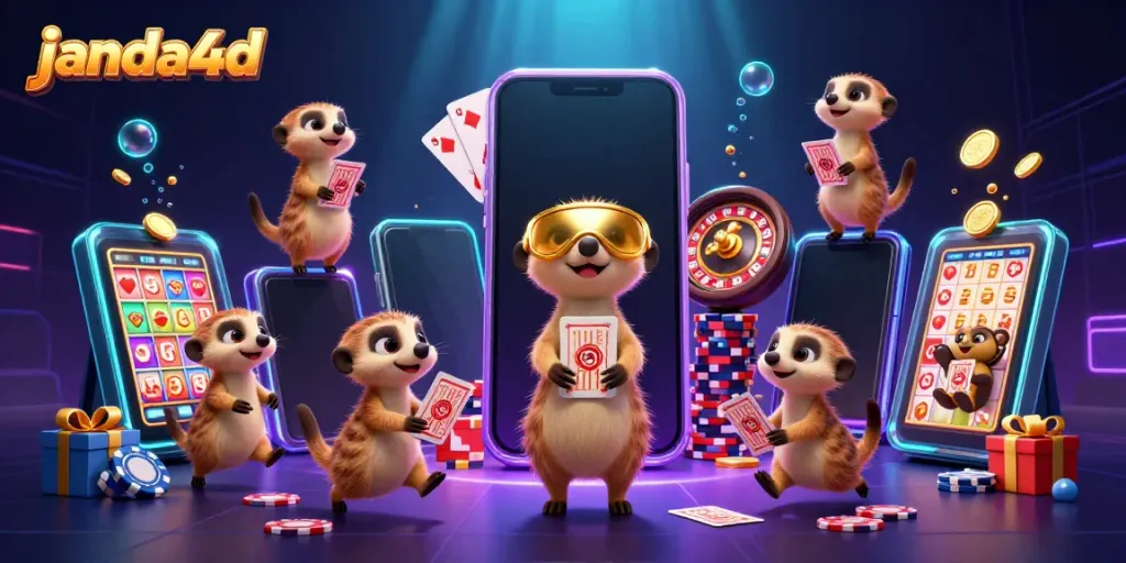 Permainan togel online janda4d dengan meerkat di kasino dan simbol keberuntungan.