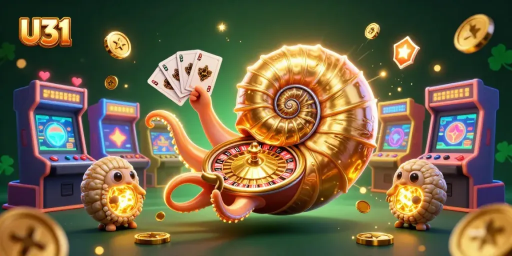 Experience the excitement of U31 with a vibrant casino scene featuring a giant nautilus roulette wheel and glowing game elements.