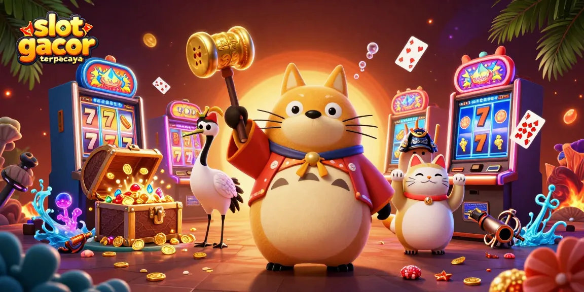 Slot gacor terpercaya, ilustrasi 3D karakter ceria dengan unsur kasino yang kaya, menampilkan berbagai elemen slot.