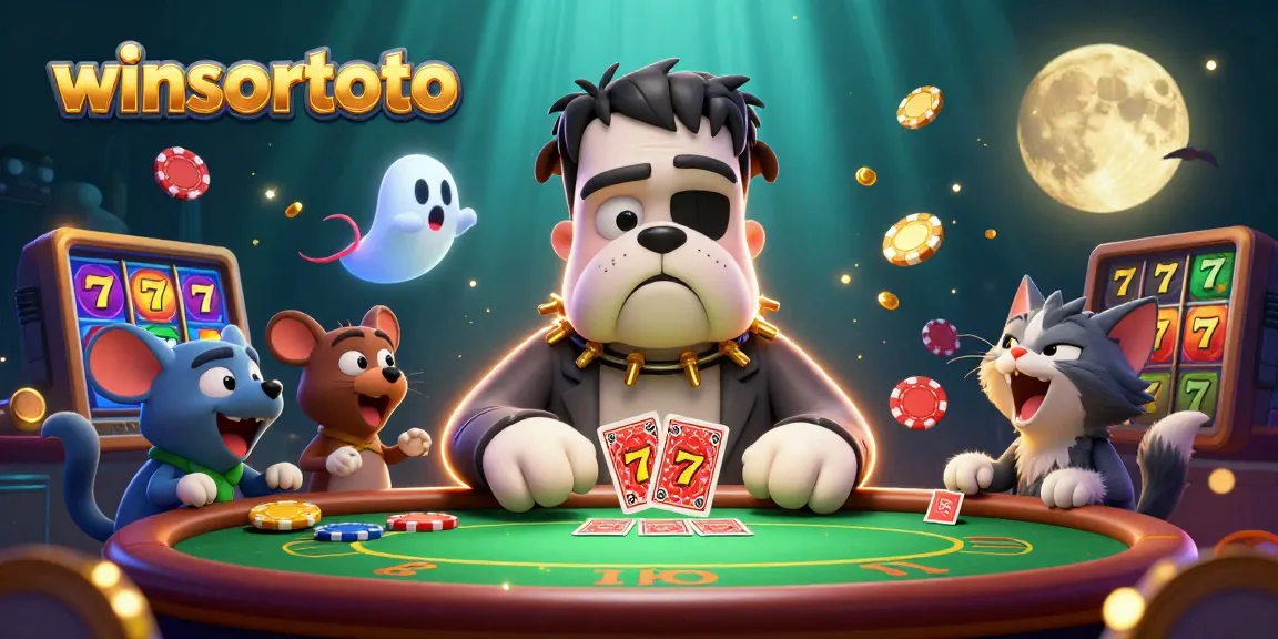 Engage with winsortoto at a spooky poker table featuring cartoon monsters and vibrant casino elements.