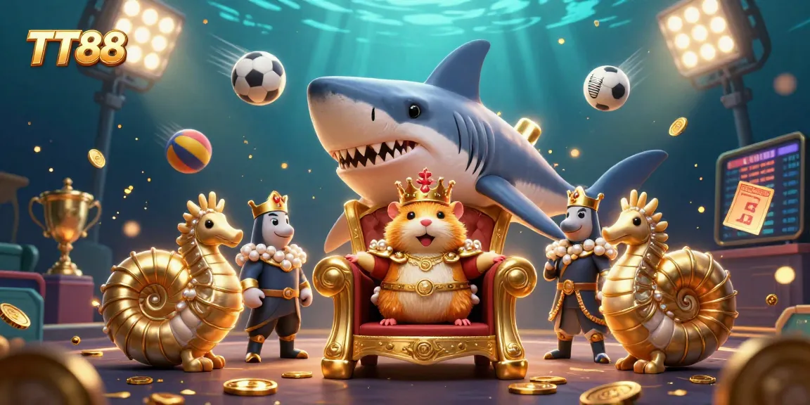 Engage with TT88 in this vibrant scene highlighting a golden hamster king and dynamic casino elements.