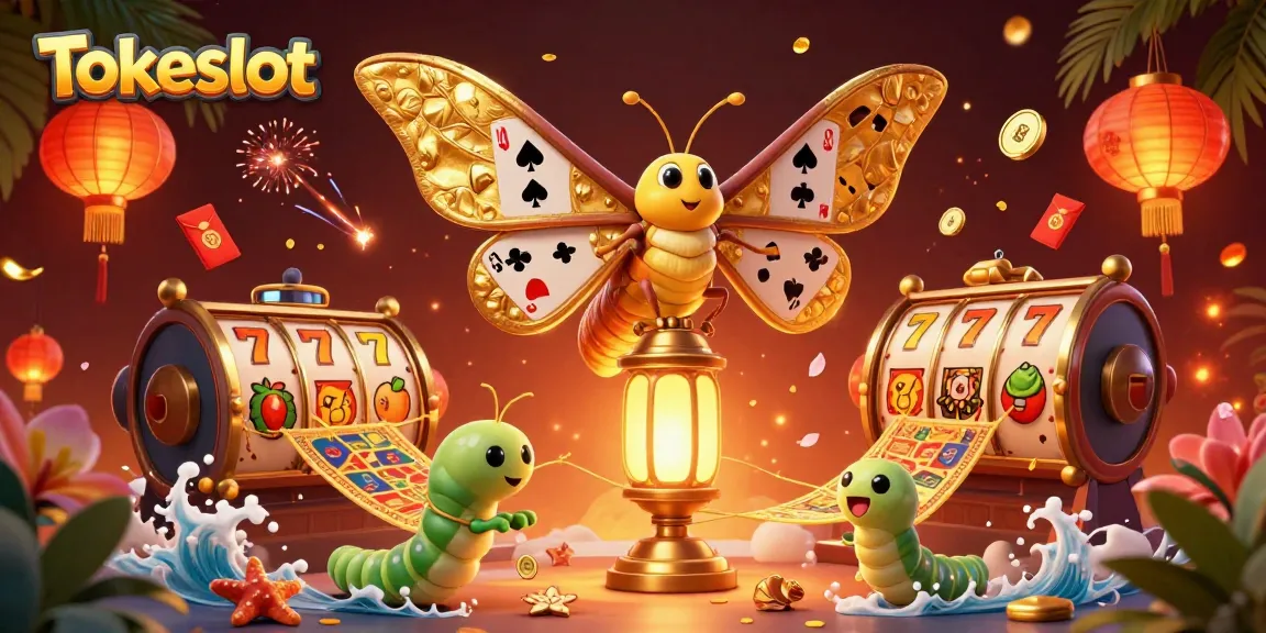 Tokeslot showcases a vibrant 3D casino scene with a cartoon moth and golden gaming elements.