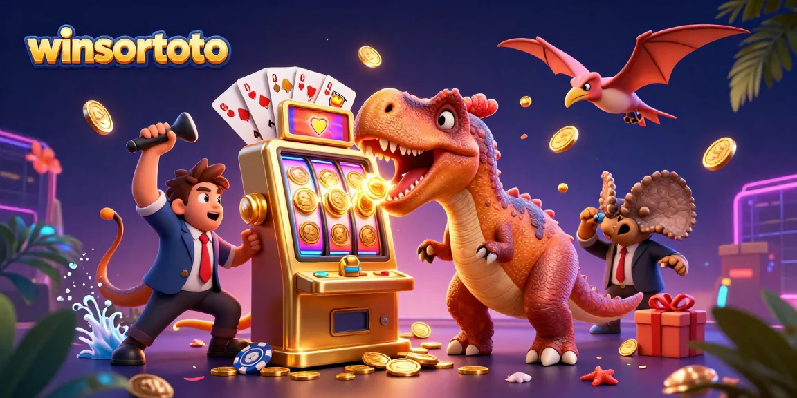 Menangkan jackpot di winsortoto dengan dinosaurus kartun menghempaskan mesin slot emas sambil mendapat tumpahan koin emas.