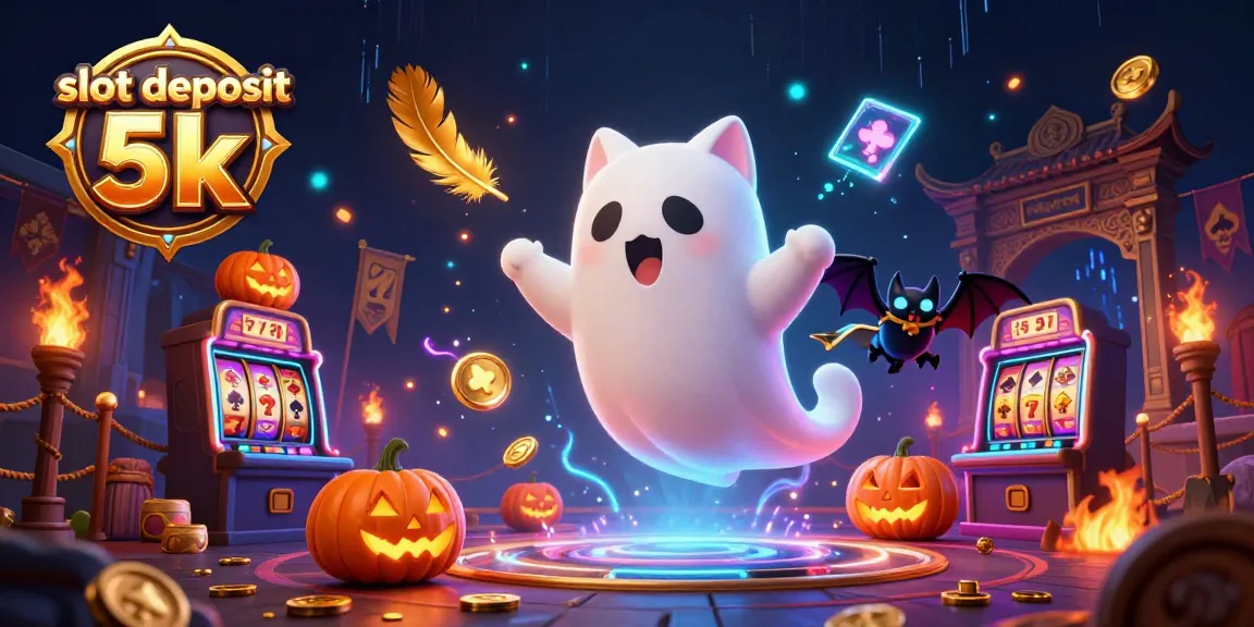 Experience the excitement of slot deposit 5k with this vibrant 3D illustration featuring a ghost cat, bat, and glowing jack-o-lanterns.