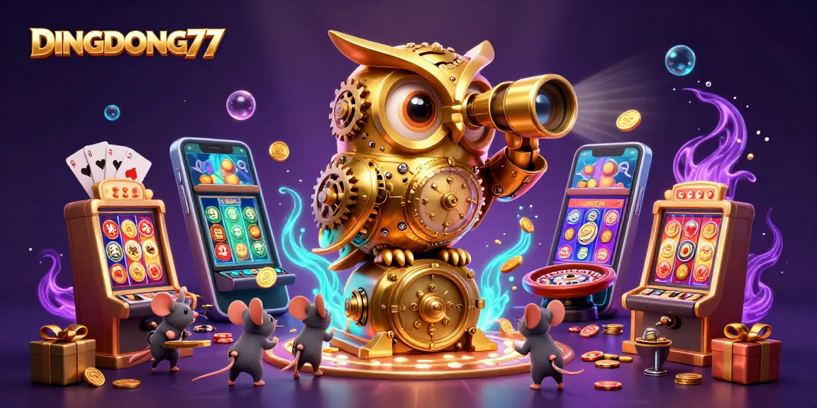 DINGDONG77 captivates with a whimsical casino scene featuring a clockwork owl and lively mouse patrons.