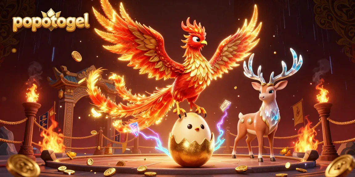 Experience popotogel's thrilling atmosphere with a fiery phoenix and mystical stag amidst a vibrant casino scene.