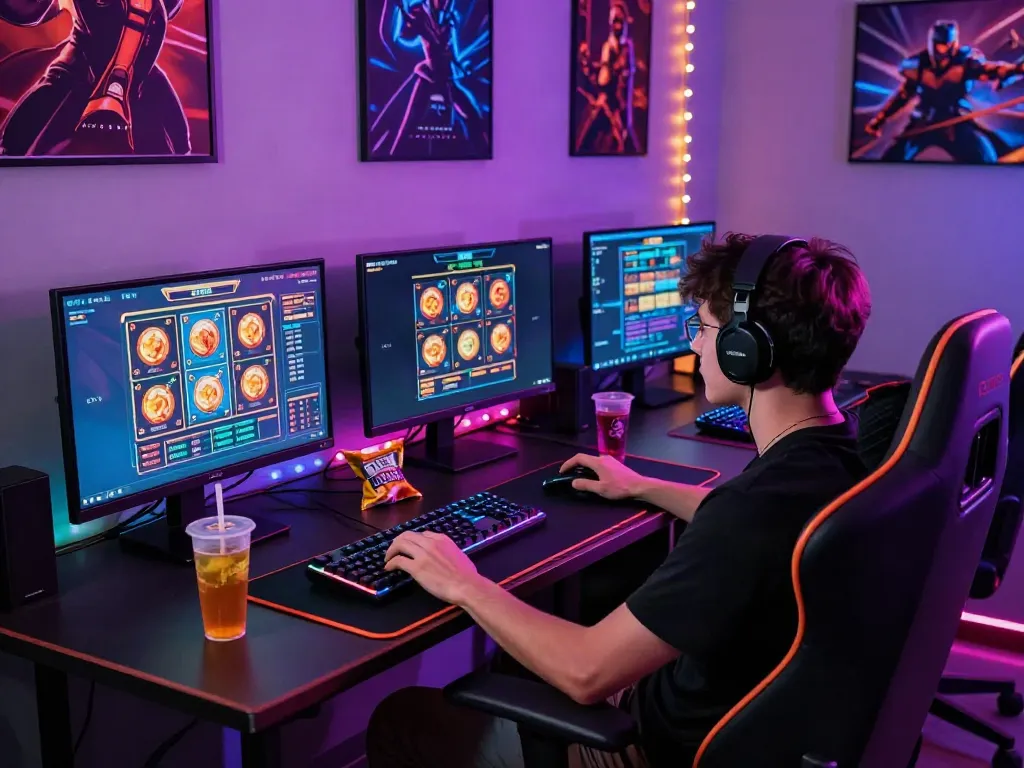 A passionate player engaging with akunjp slot games in a vibrant gaming setup.