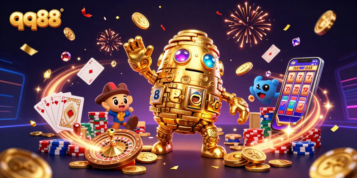 Experience the thrilling world of qq88 with golden golem and cascading casino elements.