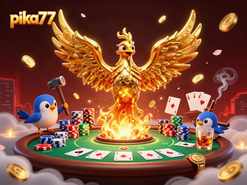 Play exciting games on pika77 with a golden phoenix amid poker chips and cards for thrilling wins.