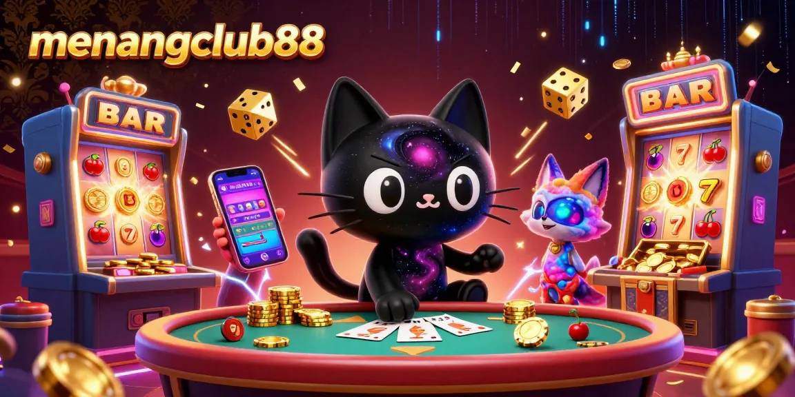 Engage in thrilling gameplay at menangclub88 with a cosmic casino scene featuring dynamic characters and exciting game elements.