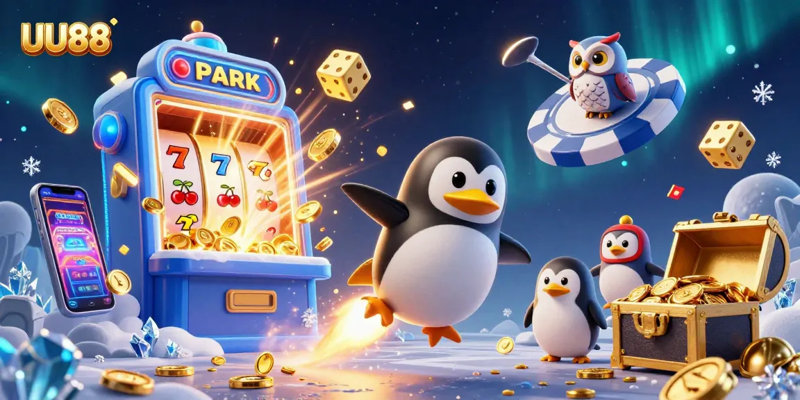 UU88 offers excitement with a golden penguin and slot machine in a vibrant casino space.