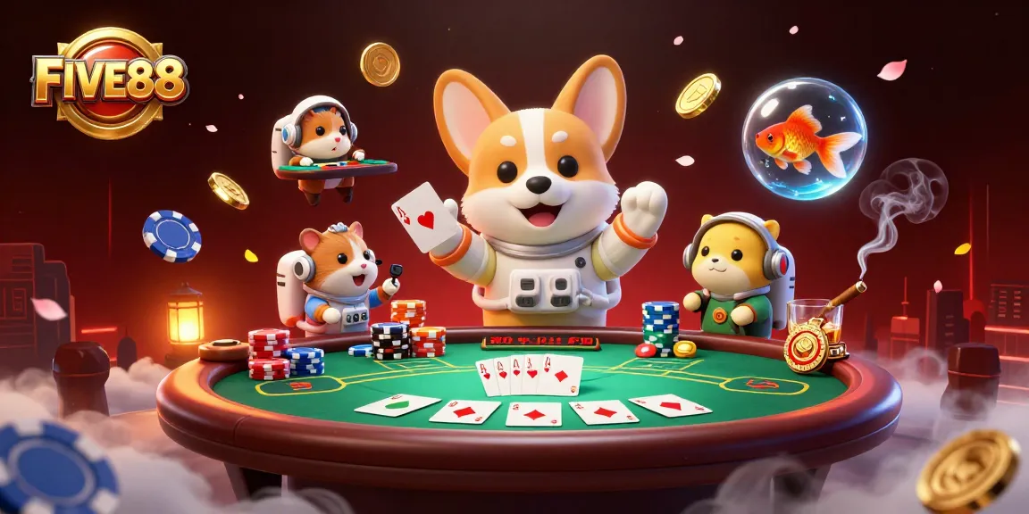 Experience thrilling gaming at FIVE88 with a dynamic space-themed casino illustration featuring fun characters.
