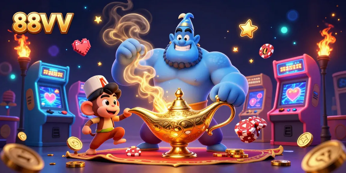 88VV engages gamblers with a vibrant scene depicting a blue genie and Aladdin-style monkey among casino elements.