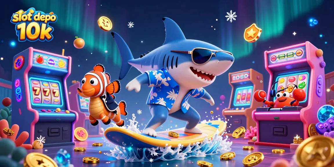 Permainan slot depo 10k yang mengasyikkan dengan ilustrasi hiu dan karakter laut dalam suasana ceria.
