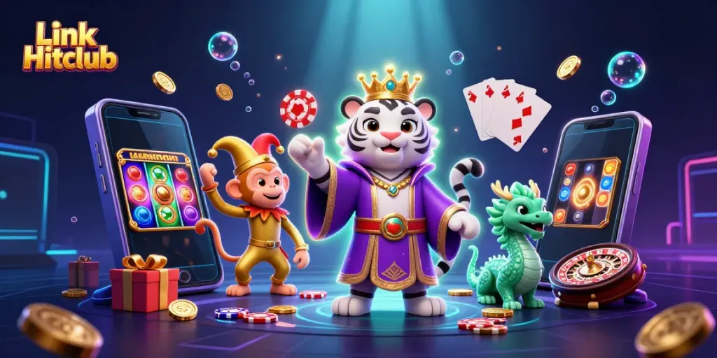Experience excitement with Link Hitclub in a vibrant 3D casino scene featuring animated characters and colorful gaming elements.