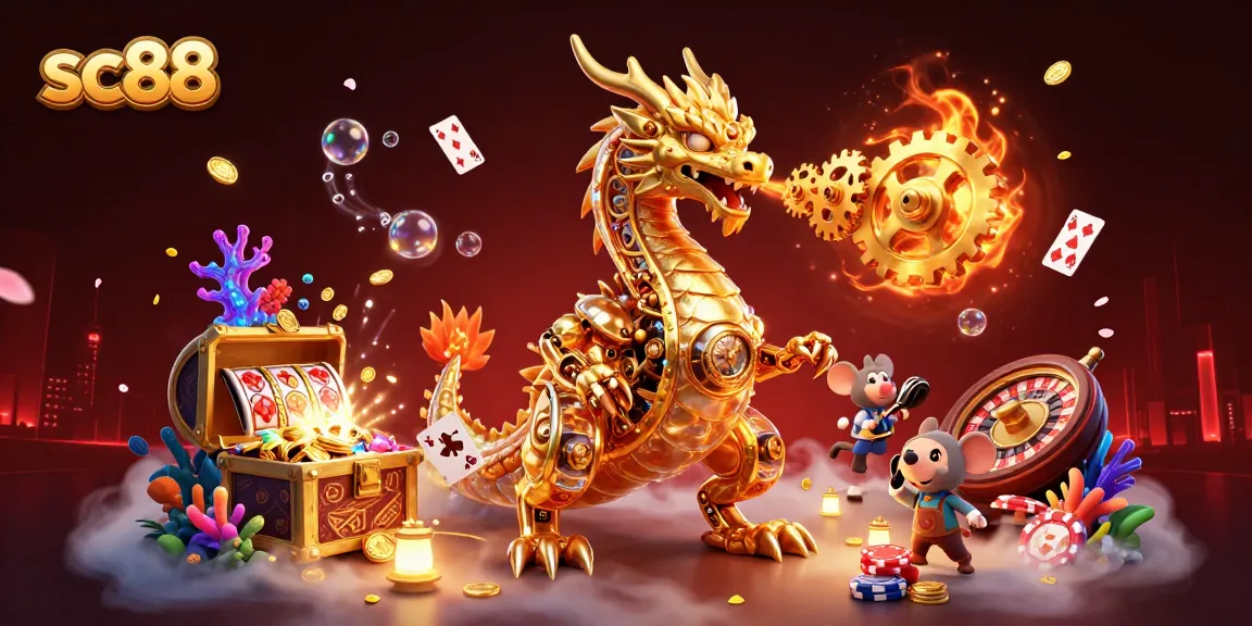 Win big with sc88's dynamic gaming realm, featuring a golden dragon and vibrant casino elements.